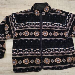 Vintage Women's XL Fair Isle Fleece Reversible  Zipper Jacket Coat Silk